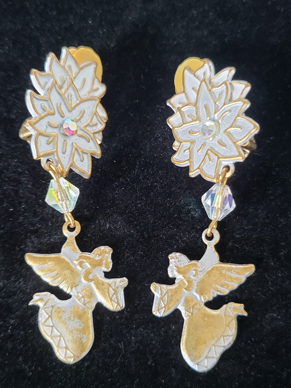 Vintage Gold and White Angel Drop Earrings with Crystal Accent